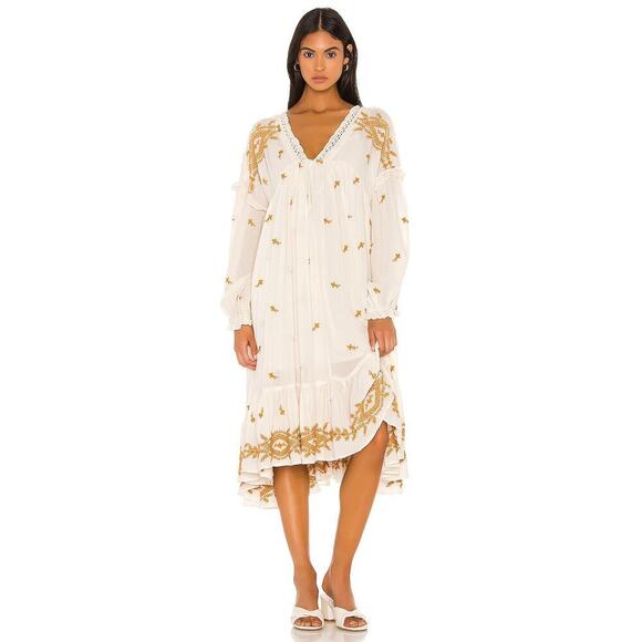 Free People Lavender Fields Long Sleeve A-Line Midi Dress Cream Women's Size L - Picture 2 of 13